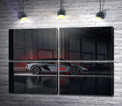 Модульна картина "Сріблястий автомобіль Lamborghini Aventador S 2018 в ангарі"