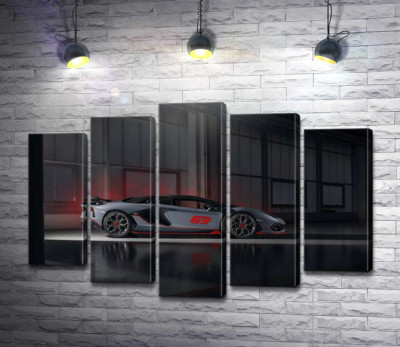Модульная картина "Серебристый автомобиль Lamborghini Aventador S 2018 в ангаре"