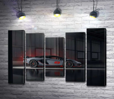 Модульна картина "Сріблястий автомобіль Lamborghini Aventador S 2018 в ангарі"