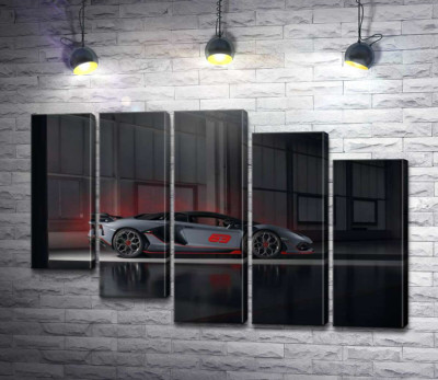 Модульная картина "Серебристый автомобиль Lamborghini Aventador S 2018 в ангаре"
