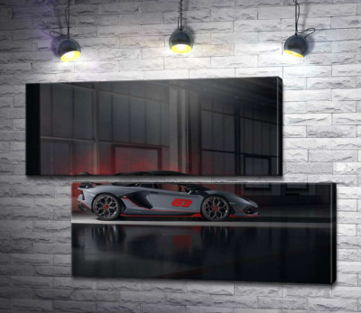 Модульна картина "Сріблястий автомобіль Lamborghini Aventador S 2018 в ангарі"