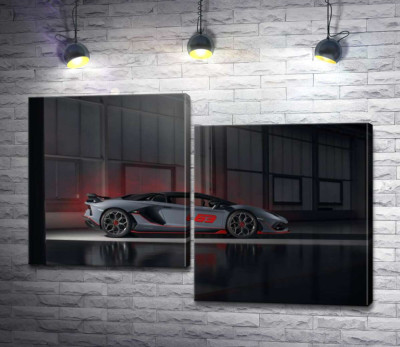 Модульная картина "Серебристый автомобиль Lamborghini Aventador S 2018 в ангаре"