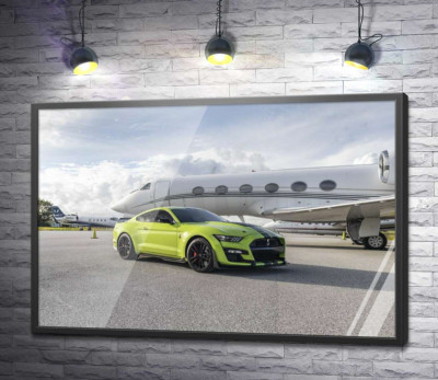 Постер "Автомобиль Ford Mustang GT500 Shelby возле самолёта"