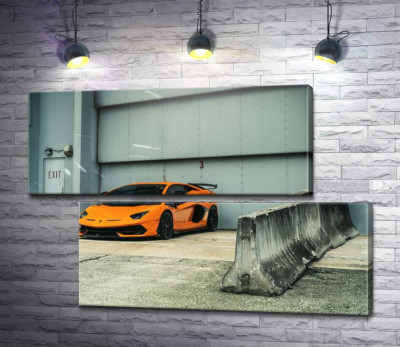 Модульна картина "Помаранчевий автомобіль Lamborghini Aventador біля ангара"
