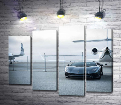 Модульна картина "Чорний автомобіль Lamborghini Aventador на фоні літаків"