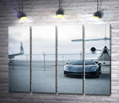 Модульная картина "Чёрный автомобиль Lamborghini Aventador на фоне самолетов"