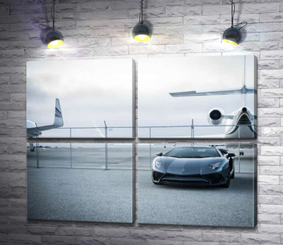 Чорний автомобіль Lamborghini Aventador на фоні літаків