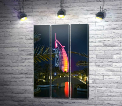 Модульная картина "Ночной вид на яркий парус отеля Burj Al Arab"
