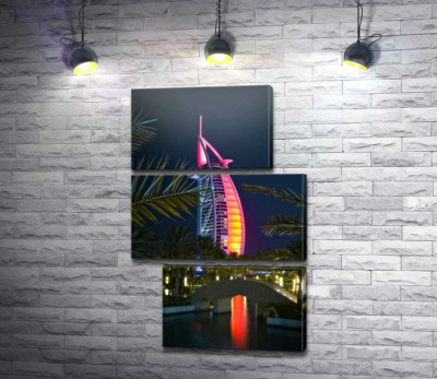 Модульна картина "Нічний вид на яскраве вітрило готелю Burj Al Arab"