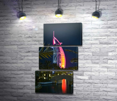 Модульна картина "Нічний вид на яскраве вітрило готелю Burj Al Arab"