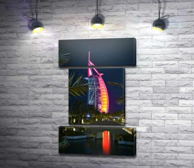 Модульна картина "Нічний вид на яскраве вітрило готелю Burj Al Arab"