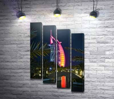 Модульная картина "Ночной вид на яркий парус отеля Burj Al Arab"