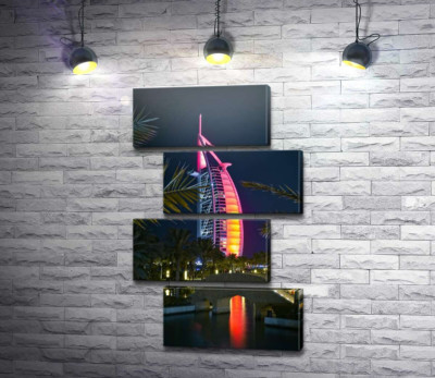 Модульная картина "Ночной вид на яркий парус отеля Burj Al Arab"