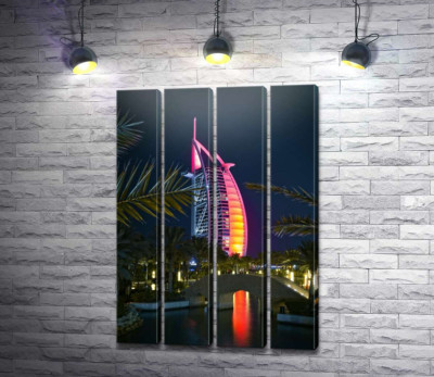 Модульная картина "Ночной вид на яркий парус отеля Burj Al Arab"