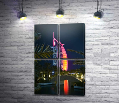 Модульна картина "Нічний вид на яскраве вітрило готелю Burj Al Arab"