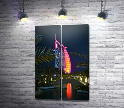 Модульная картина "Ночной вид на яркий парус отеля Burj Al Arab"