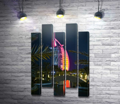 Модульна картина "Нічний вид на яскраве вітрило готелю Burj Al Arab"