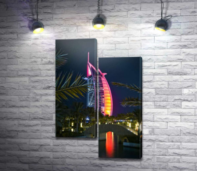 Модульная картина "Ночной вид на яркий парус отеля Burj Al Arab"
