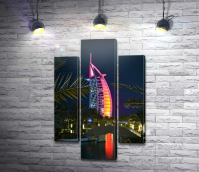 Модульна картина "Нічний вид на яскраве вітрило готелю Burj Al Arab"