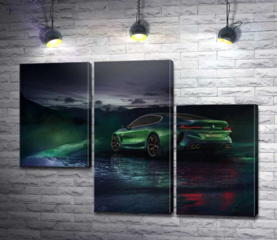 Модульна картина "Зелений автомобіль BMW Concept M8 Gran Coupe в серпанку"