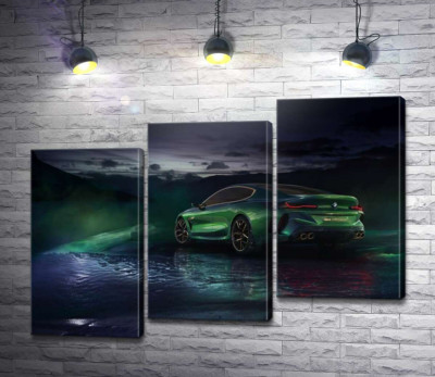Модульна картина "Зелений автомобіль BMW Concept M8 Gran Coupe в серпанку"
