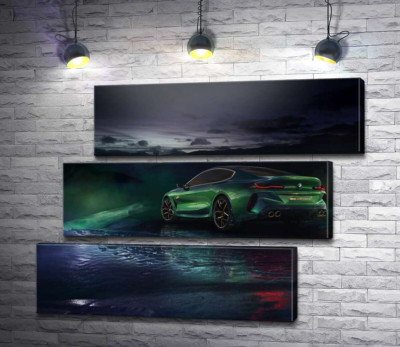 Модульна картина "Зелений автомобіль BMW Concept M8 Gran Coupe в серпанку"
