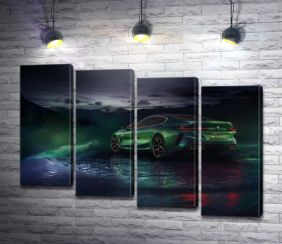 Модульна картина "Зелений автомобіль BMW Concept M8 Gran Coupe в серпанку"