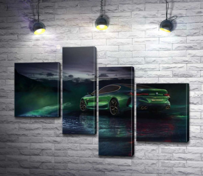 Модульная картина "Зеленый автомобиль BMW Concept M8 Gran Coupe в дымке"