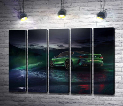 Модульна картина "Зелений автомобіль BMW Concept M8 Gran Coupe в серпанку"