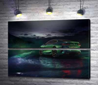 Модульна картина "Зелений автомобіль BMW Concept M8 Gran Coupe в серпанку"