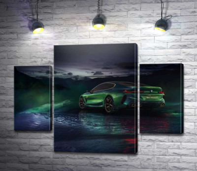 Модульна картина "Зелений автомобіль BMW Concept M8 Gran Coupe в серпанку"