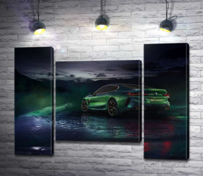 Модульна картина "Зелений автомобіль BMW Concept M8 Gran Coupe в серпанку"