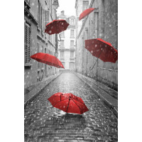Красные зонтики летящие по улице во время дождя
