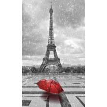 Червона парасолька перед Ейфелевою вежею