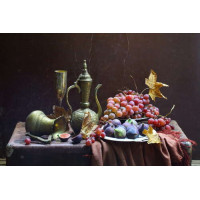 Осенний натюрморт с посудой, инжиром и виноградом