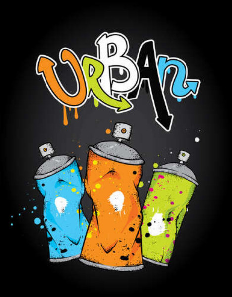 Граффити-надпись над баллончиками с краской: "URBAN"