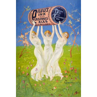 Винтажный плакат с девушками в белых платьях с бочкой эля