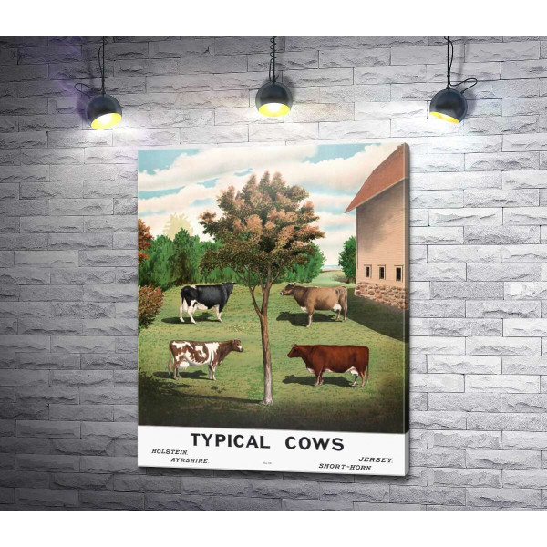 Винтажный плакат сельского двора с коровами