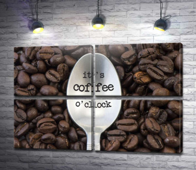 Модульная картина "Кофейная ложка с надписью: "it's coffee o'clock""