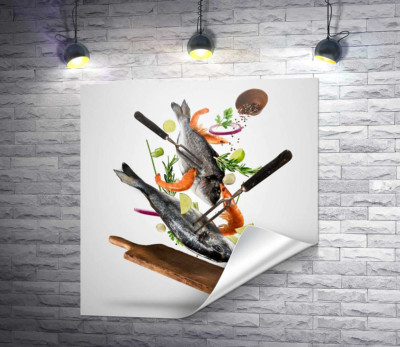 Свіжа риба на вилці і креветки в повітрі