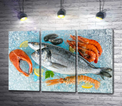 Модульная картина "Свежие морепродукты на льду"