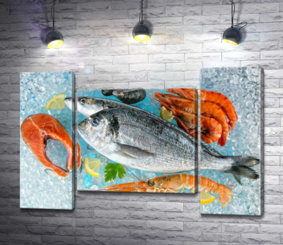 Модульная картина "Свежие морепродукты на льду"