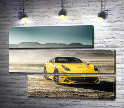 Модульная картина "Желтый автомобиль Ferrari F12 berlinetta в пустыне"