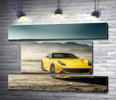 Модульная картина "Желтый автомобиль Ferrari F12 berlinetta в пустыне"