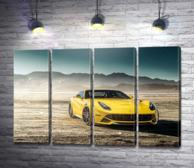 Модульна картина "Жовтий автомобіль Ferrari F12 berlinetta в пустелі"