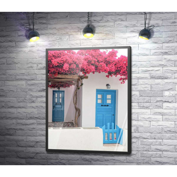 Голубые двери белоснежного дома под цветущей лианой