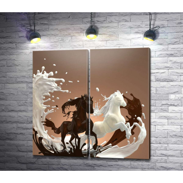 Молочно-шоколадная абстракция грациозной пары лошадей