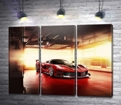Модульная картина "Красный автомобиль Ferrari FXX-K в ангаре"