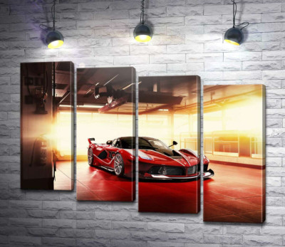Модульная картина "Красный автомобиль Ferrari FXX-K в ангаре"