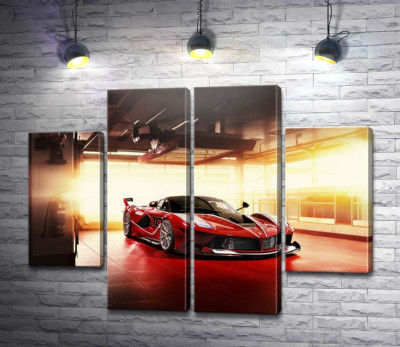 Модульная картина "Красный автомобиль Ferrari FXX-K в ангаре"